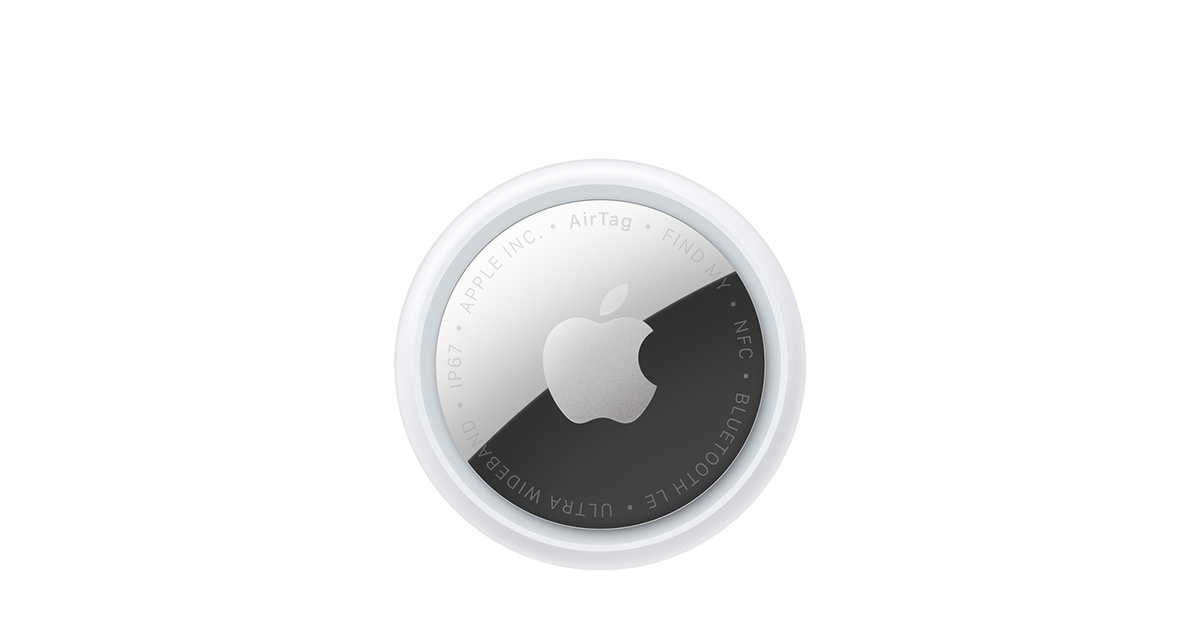 AirTag第2世代1個入りの公式商品画像。銀色の面と白い外周(Apple)
