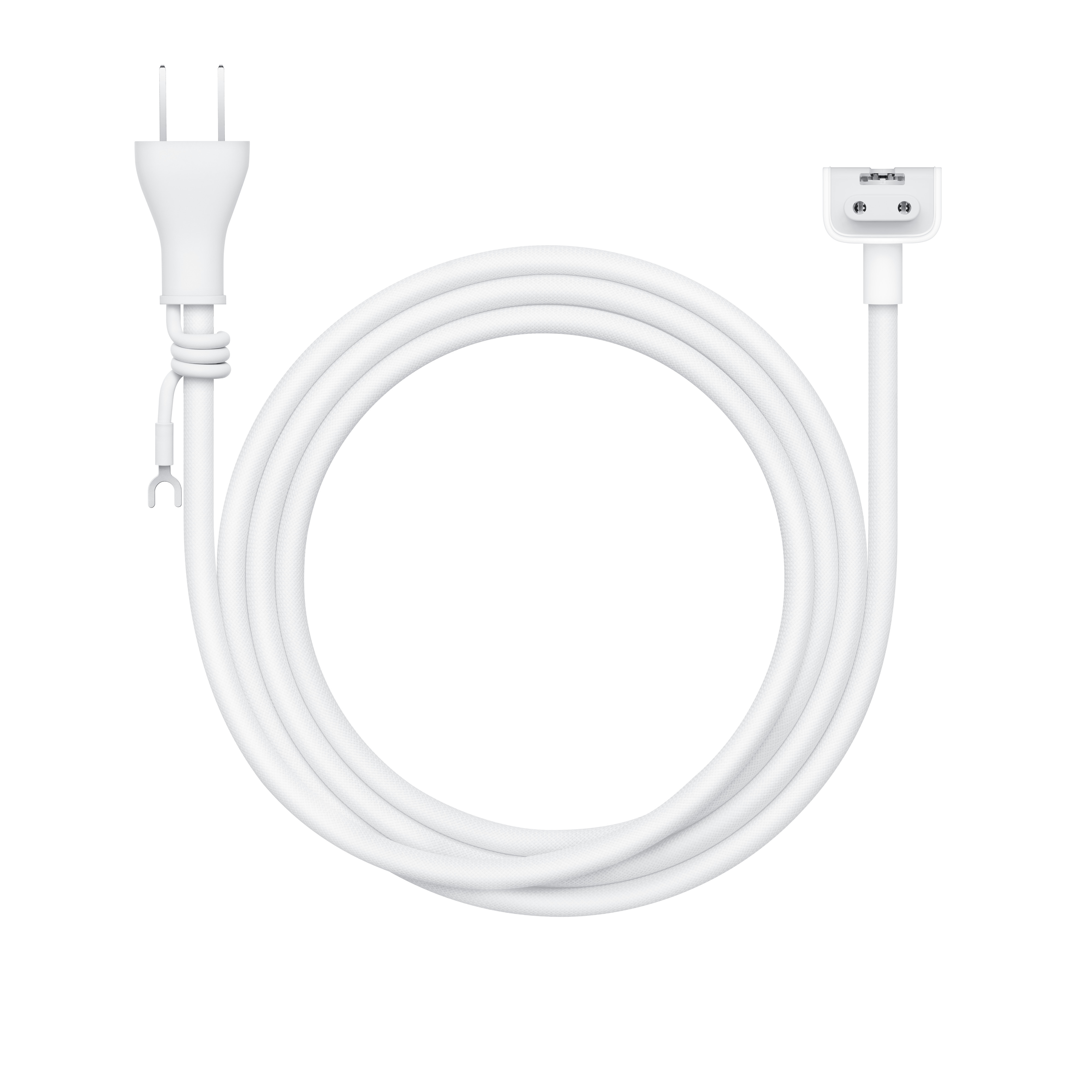 電源アダプタ延長ケーブルMKFR4J/A。国内向けACプラグ、アース線、アダプタ側コネクタを示す公式写真(画像:Apple)