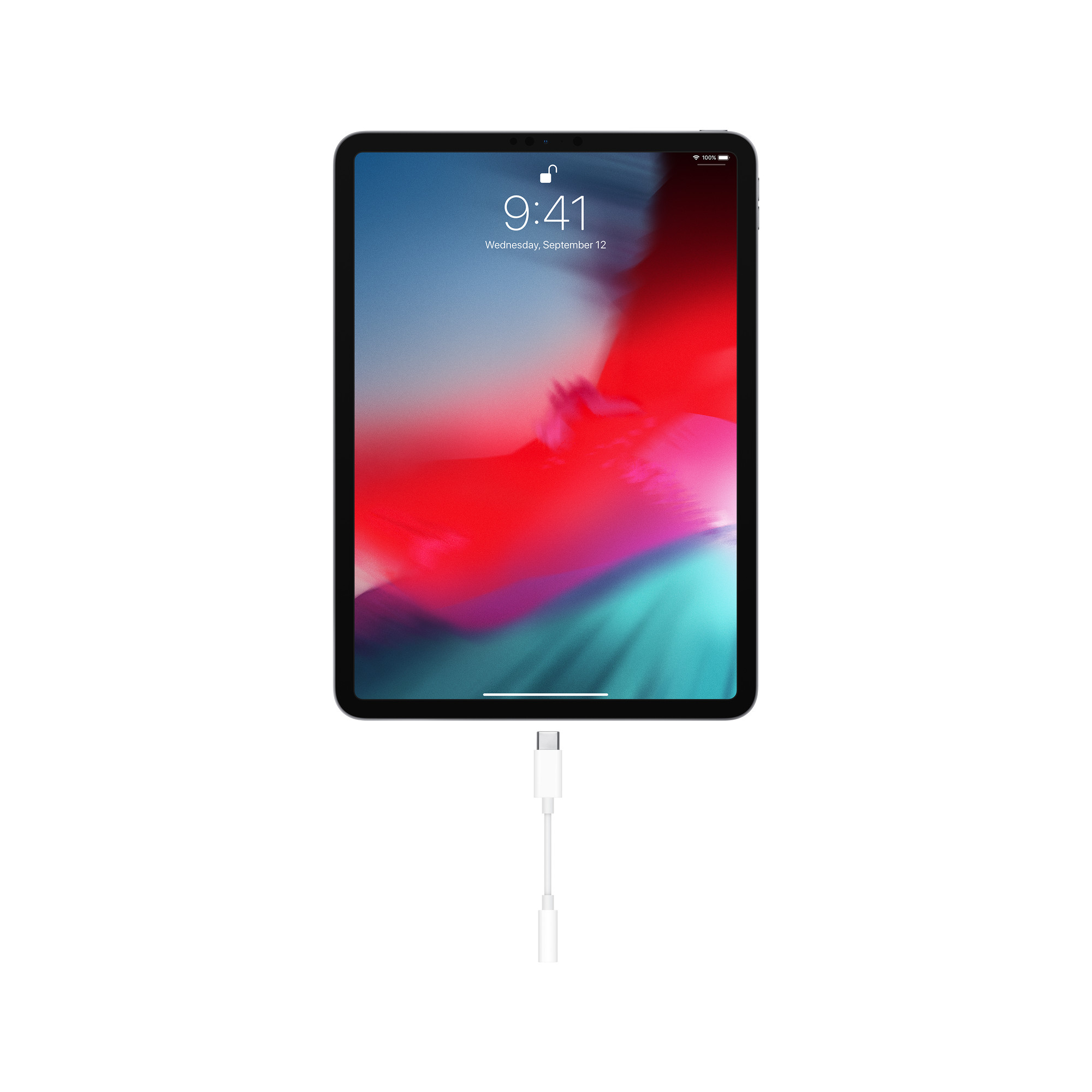 USB-Cポートを持つiPadとアダプタの接続位置を示す公式使用イメージ。iPadは付属しない（画像：Apple）