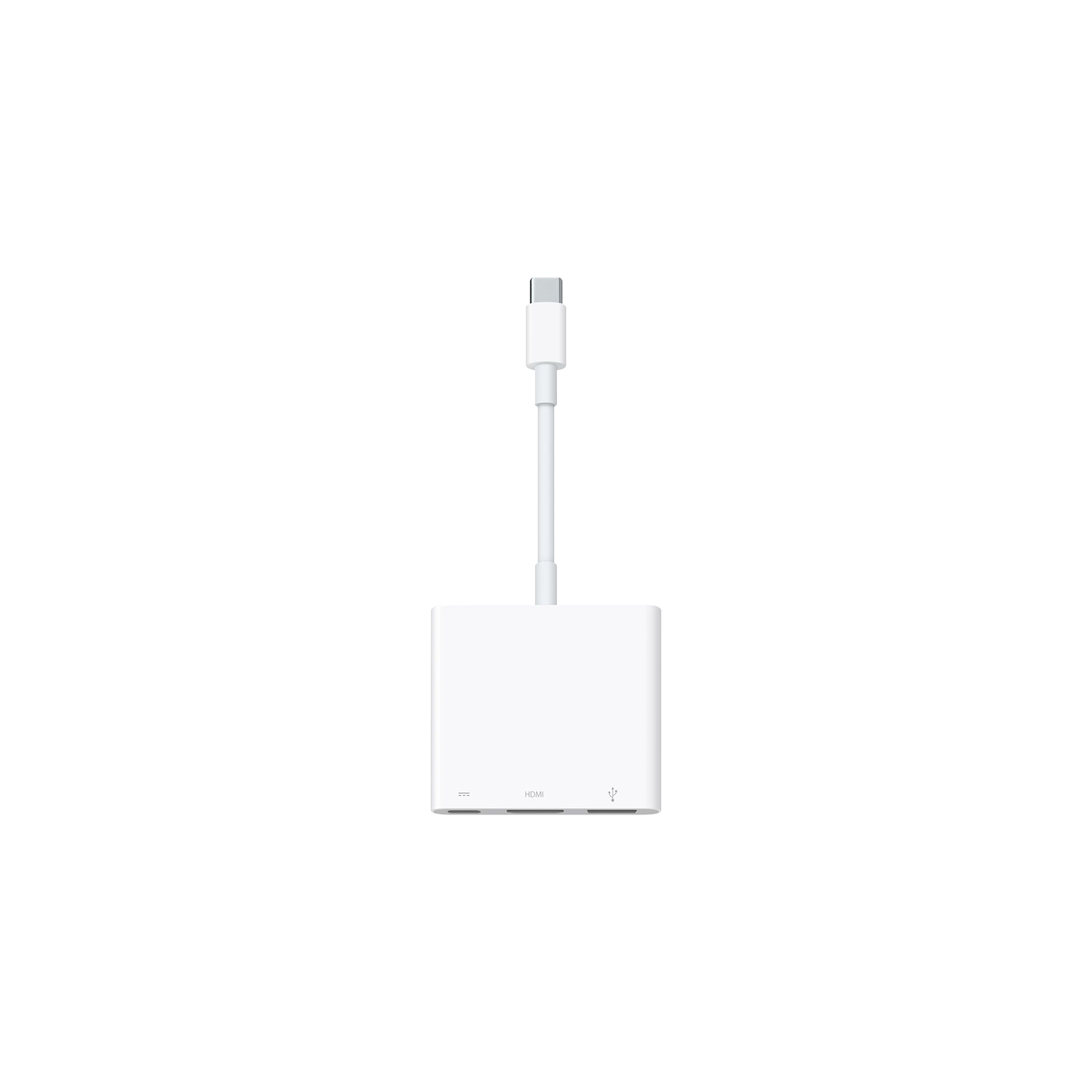 USB-C Digital AV Multiportアダプタの全体。短い一体型ケーブルと3つの接続口（画像：Apple）