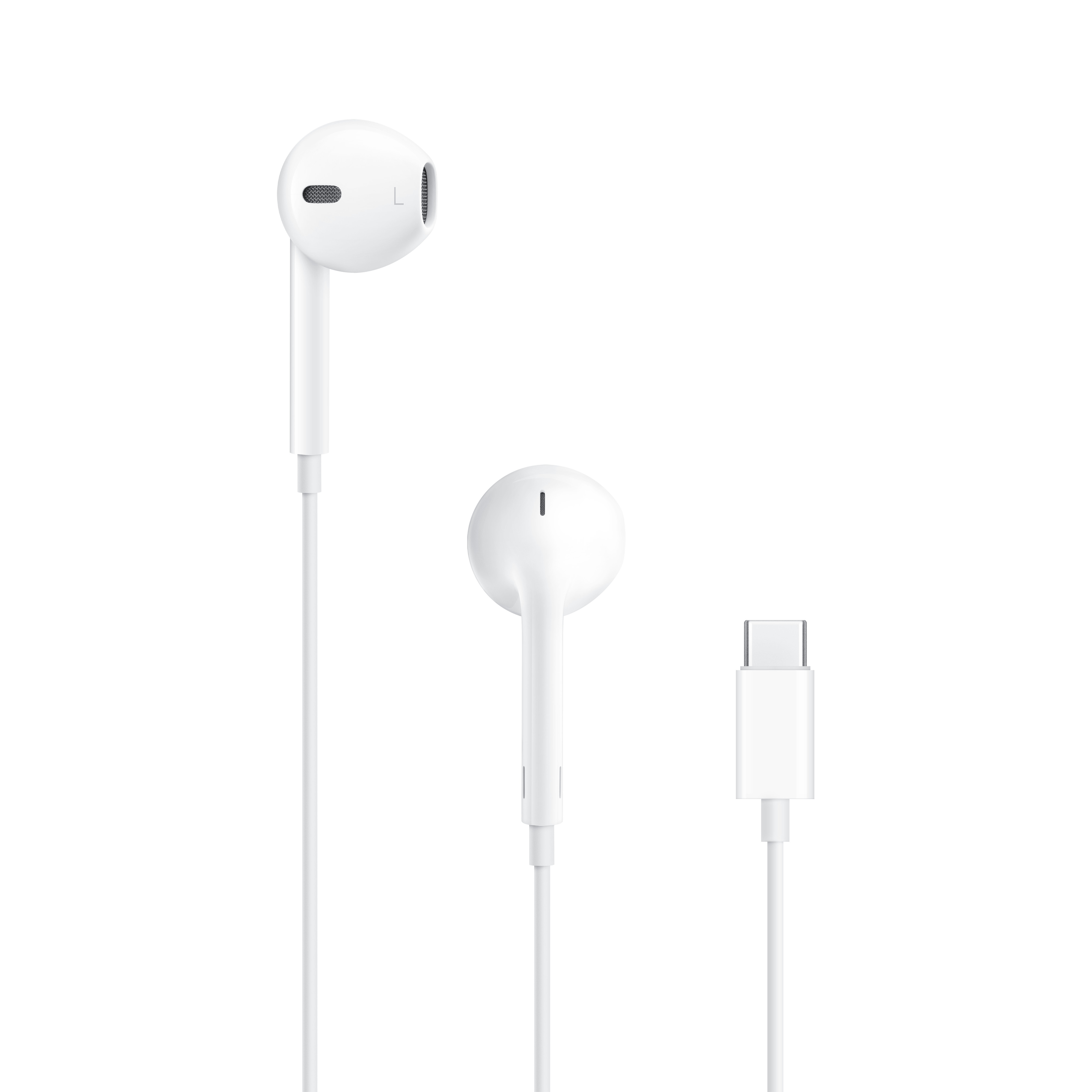 EarPods（USB-C）の左右のイヤーバッドとUSB-Cコネクタを示す全体構成（画像：Apple）