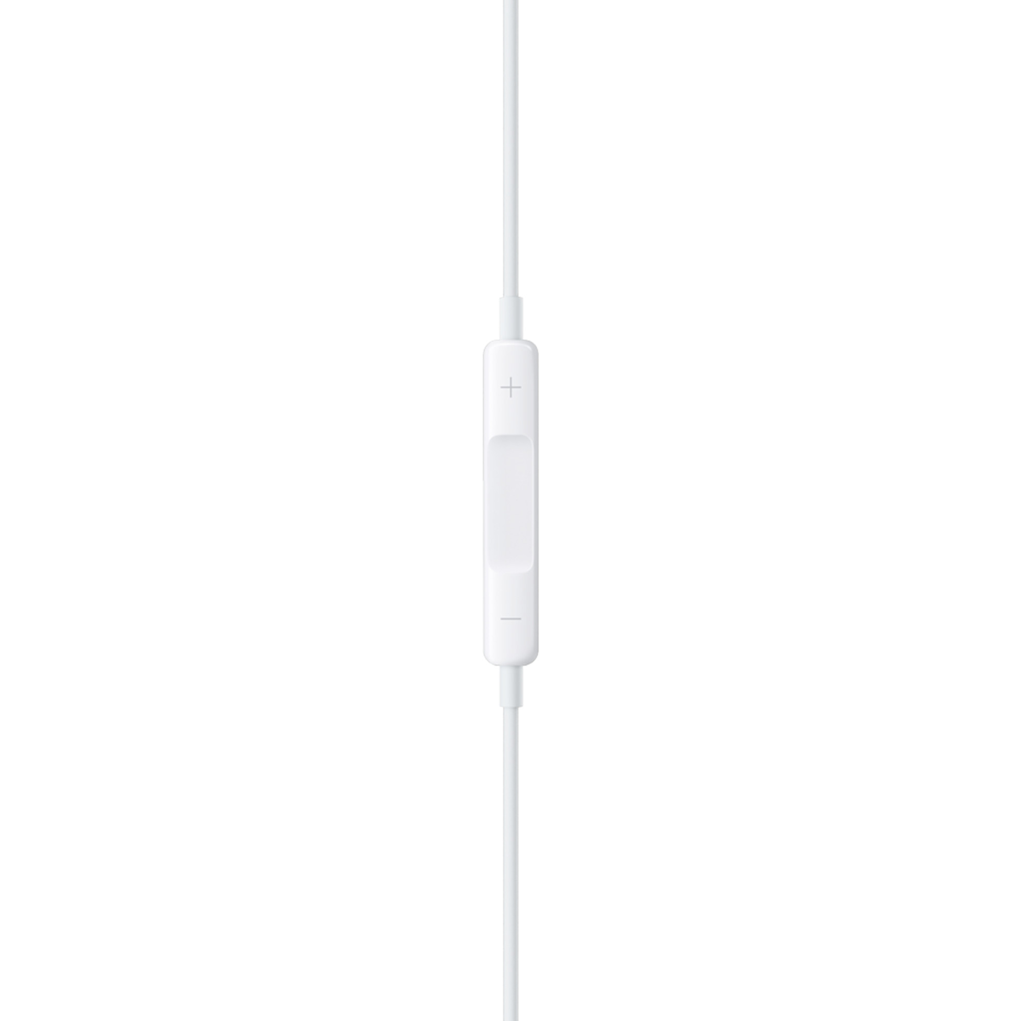 ケーブル上のリモコン。音量の＋／−と中央の操作部分（画像：Apple）