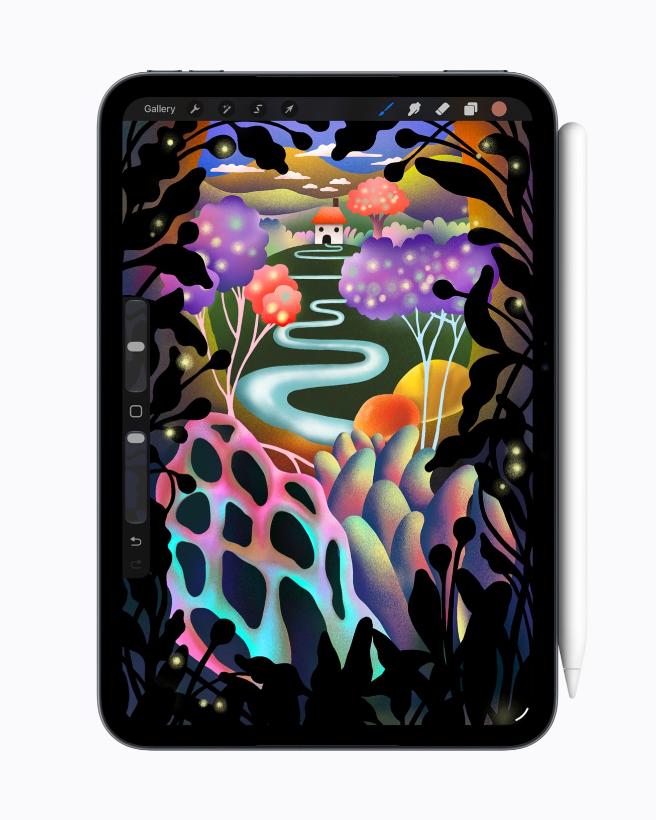 Procreateを表示したiPad miniとApple Pencil Pro。公式の描画用途イメージ（画像：Apple）