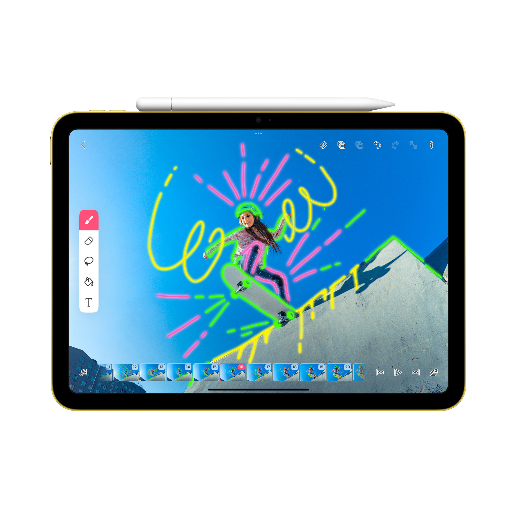 iPadの上側に保管するApple Pencil（USB-C）。画面は公式の注釈使用例（画像：Apple）