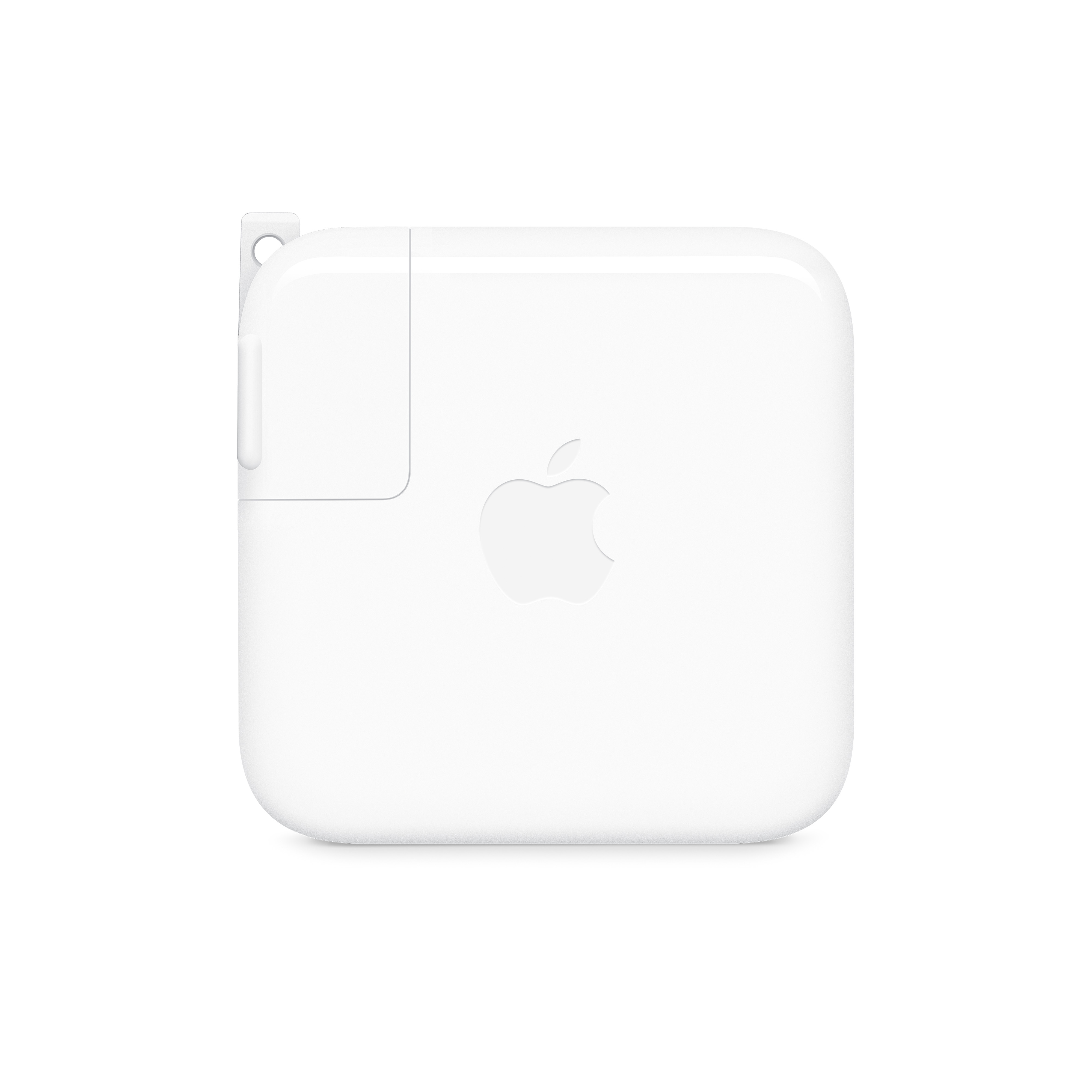 70W電源アダプタMKFP4J/Aの本体とプラグ。公式の現行モデル写真（画像：Apple）