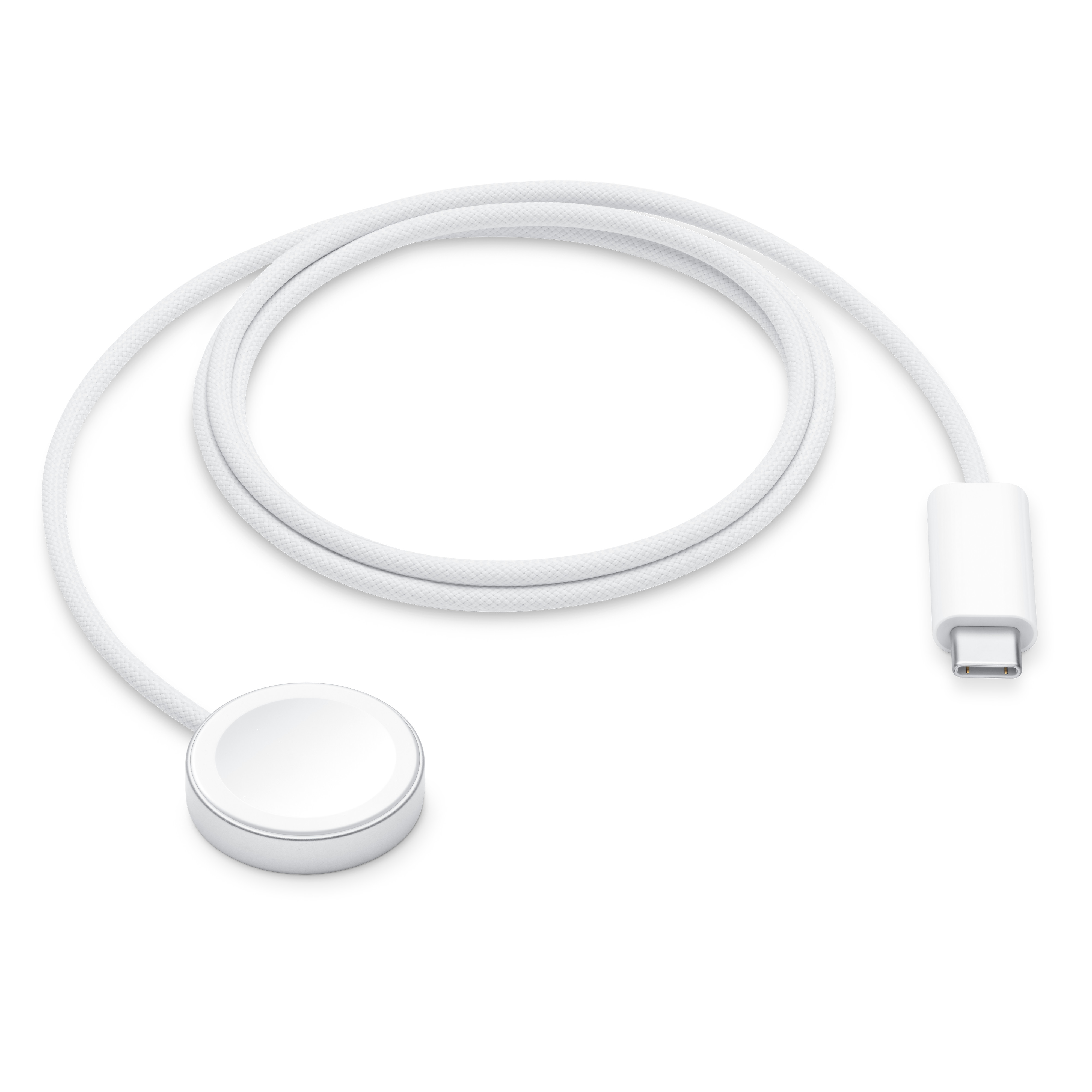 Apple Watch磁気高速充電USB-Cケーブル1m ML434FE/Aの全体。編み込みケーブルと磁気充電部（画像：Apple）