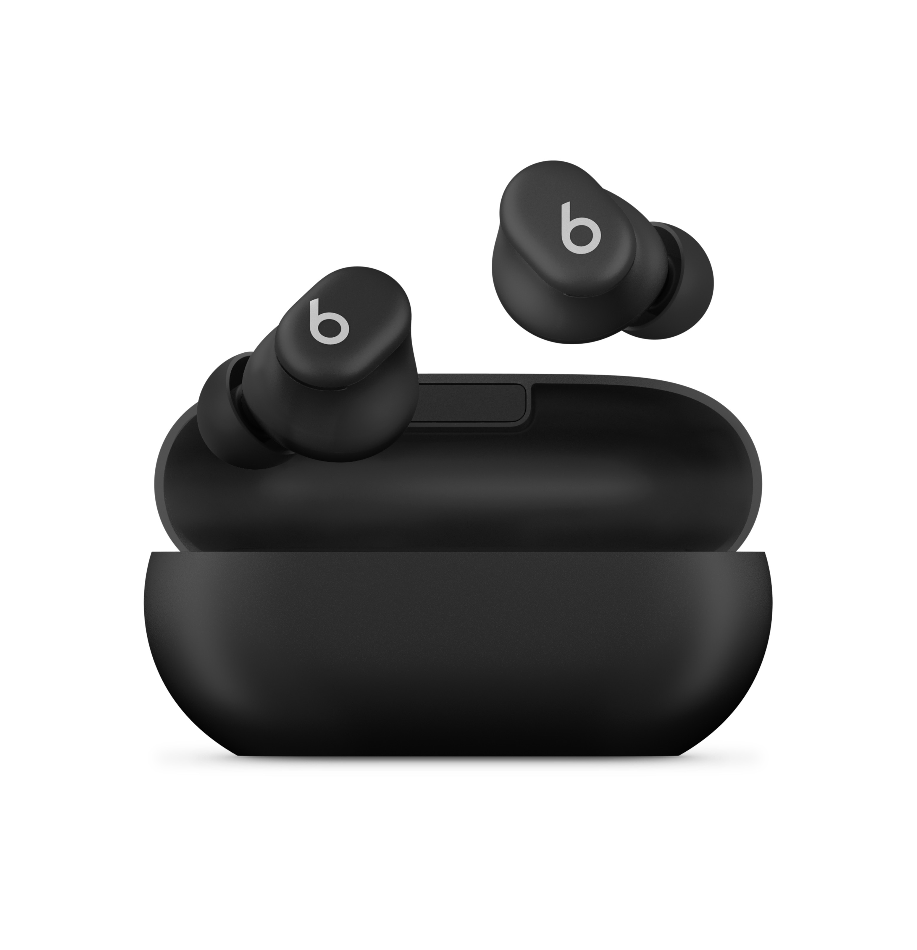 Beats Solo Buds・マットブラックのイヤーバッドと開いたケース（画像：Beats／Apple）