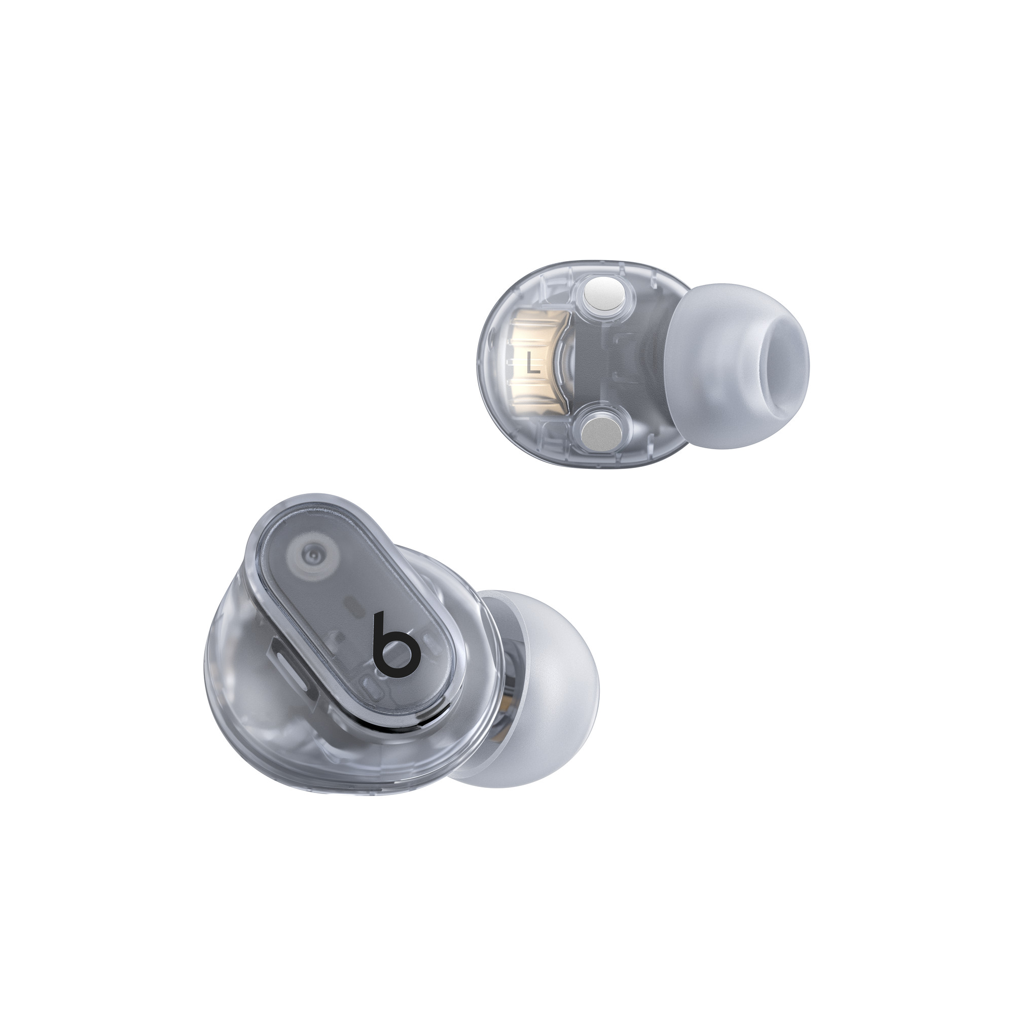 イヤーバッドの表側とL表示・接点側。半透明の内部が見える（画像：Beats／Apple）