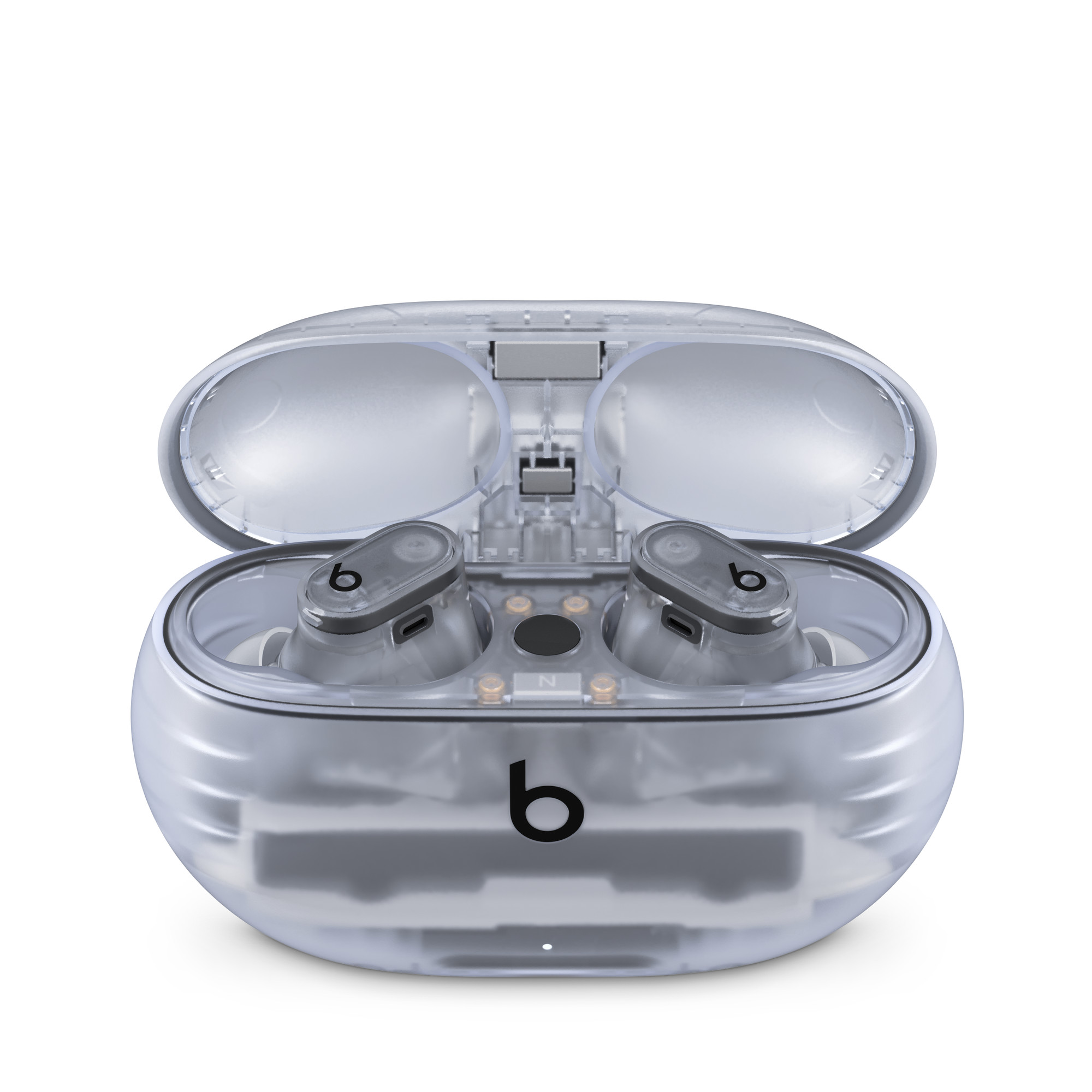 左右をケースへ収納した状態と中央のボタン・接点（画像：Beats／Apple）