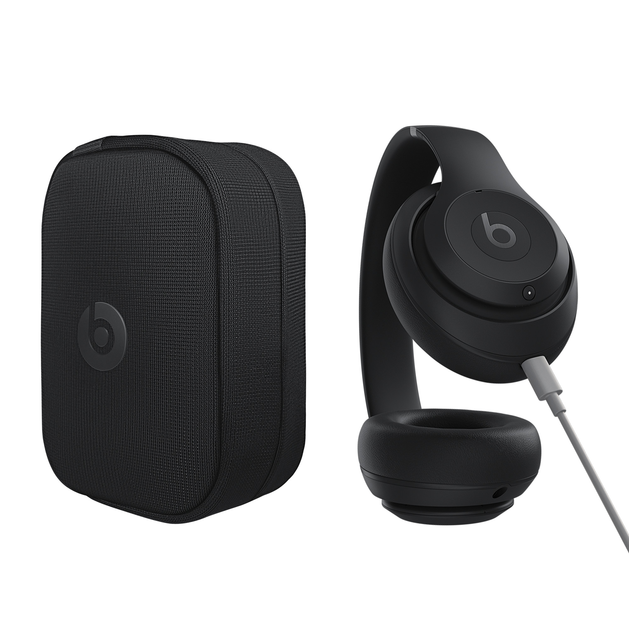 キャリングケース、折りたたんだ本体、USB-Cケーブルの接続例(画像:Beats/Apple)