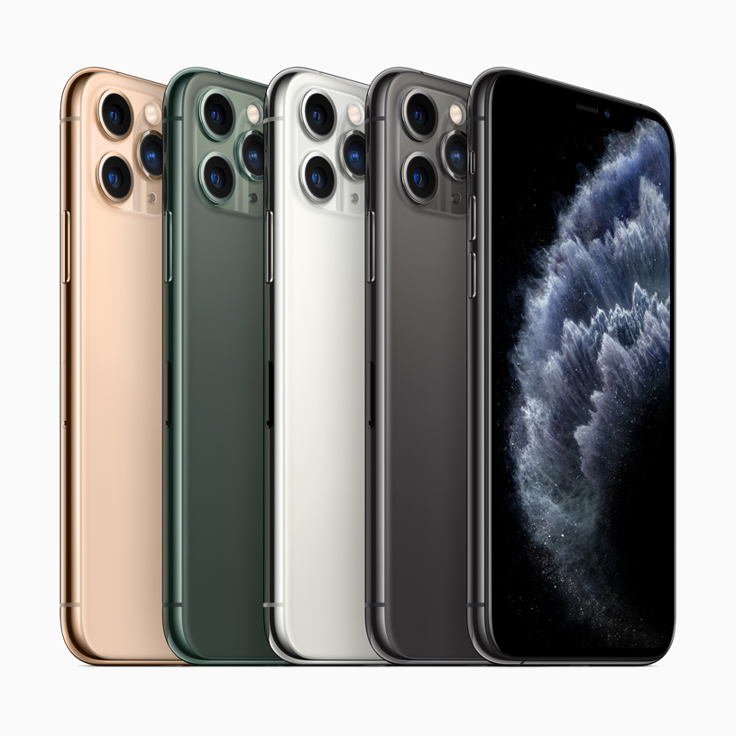 Apple公式のiPhone 11 Pro、ゴールド・ミッドナイトグリーン・シルバー・スペースグレイの斜め外観