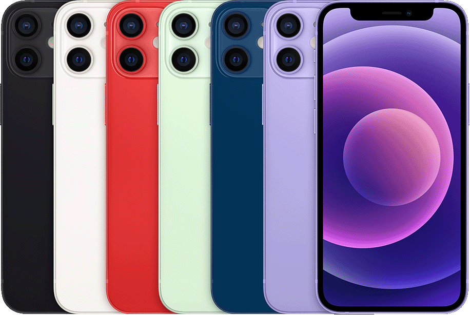 Apple公式のiPhone 12 mini。6色の背面と前面