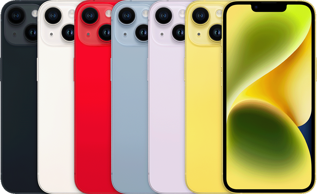 Apple公式のiPhone 14各色の背面とイエローの前面。(PRODUCT)REDを含む