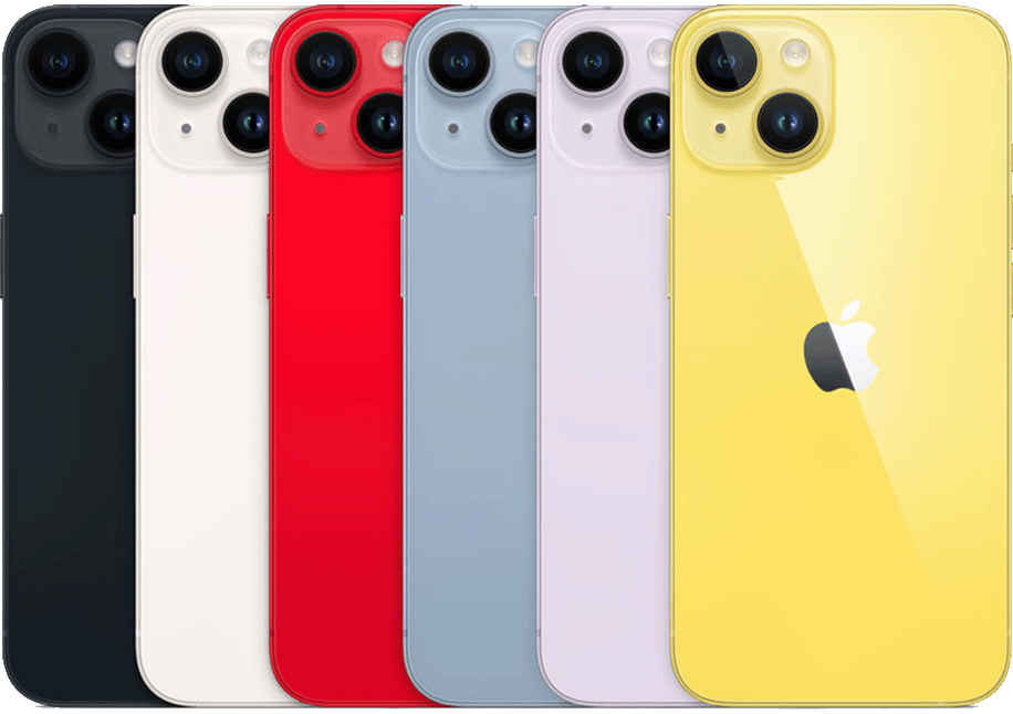Apple技術仕様のiPhone 14各色の背面。赤い(PRODUCT)REDを含む