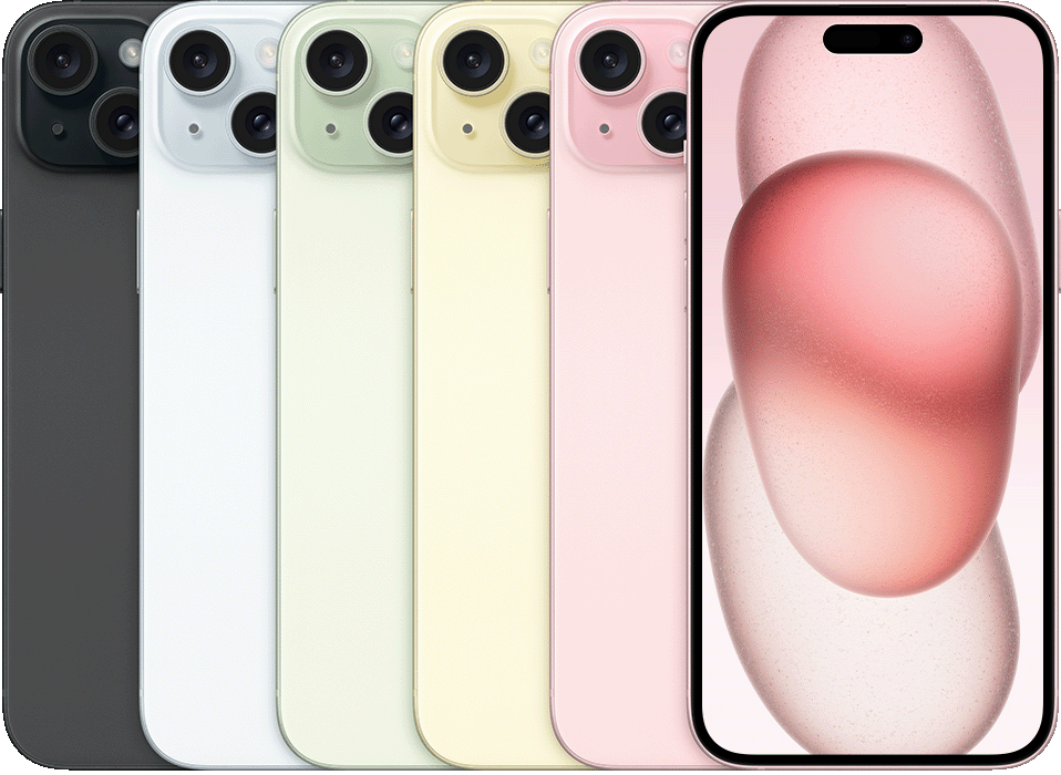 Apple公式のiPhone15 Plus各色の背面とピンクの前面