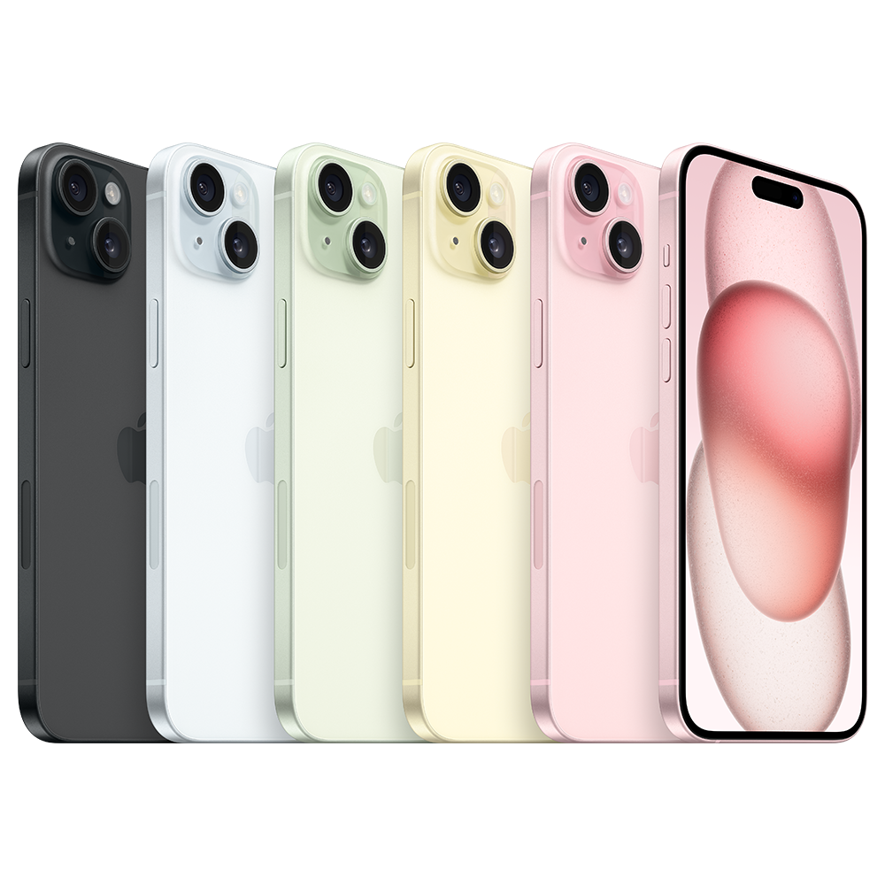 Apple公式仕様のiPhone15 Plus。各色の背面・側面とピンクの前面