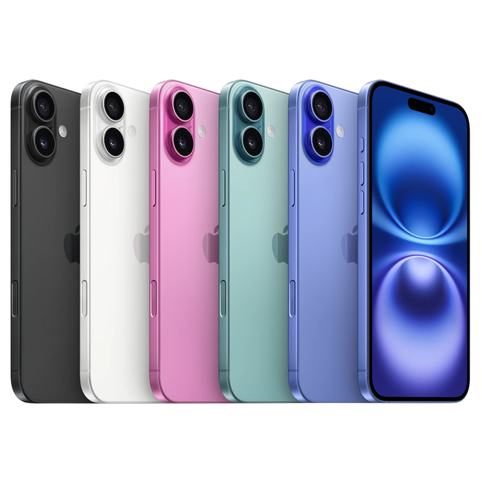 Apple公式のiPhone 16各色の斜めから見た背面と前面