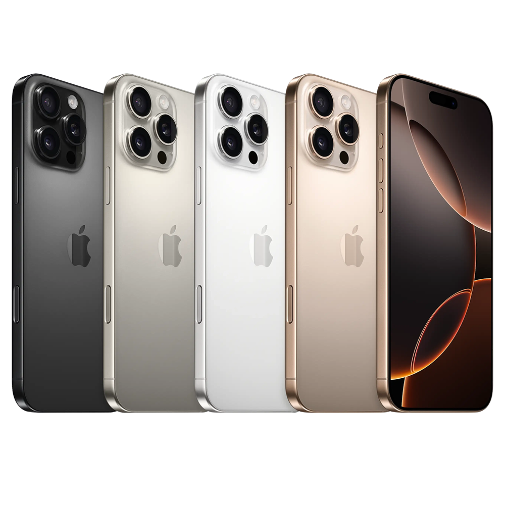 Apple公式のiPhone 16 Pro Max各色の斜めから見た背面と前面