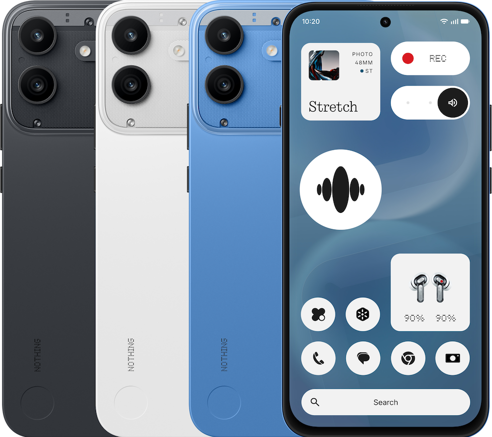 Phone (4b)のブラック・ホワイト・ブルーの背面と前面を示す公式製品イメージ