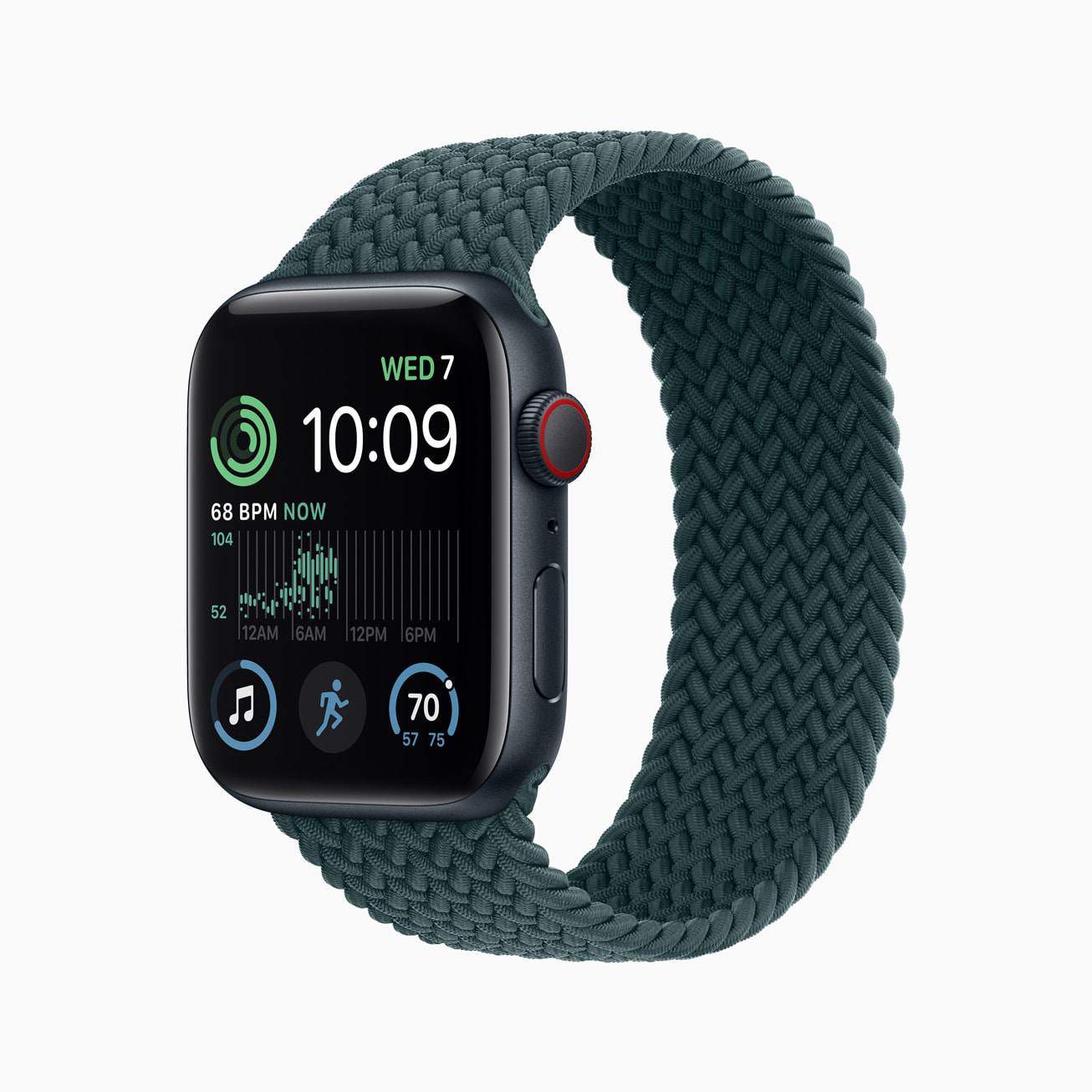 2022年発表のApple Watch SE・ミッドナイト。赤いリングのDigital Crownと編み込みバンドの組合せ例