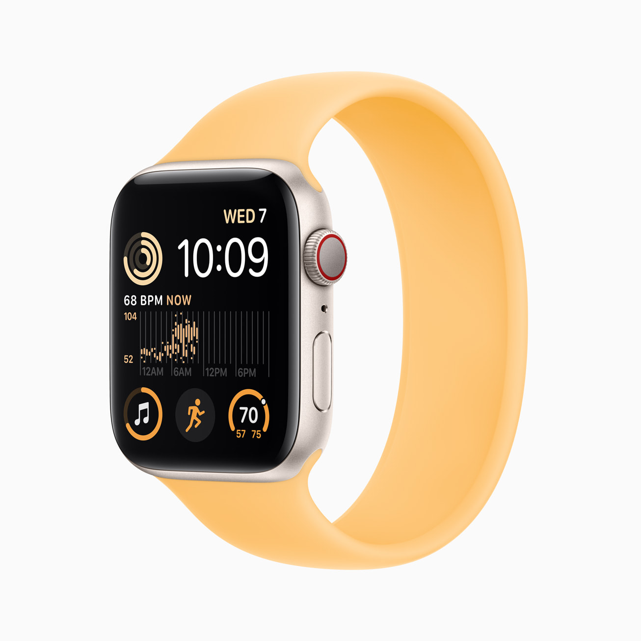 Apple Watch SE第2世代・スターライト。明るいケースと黄色系のバンドの組合せ例
