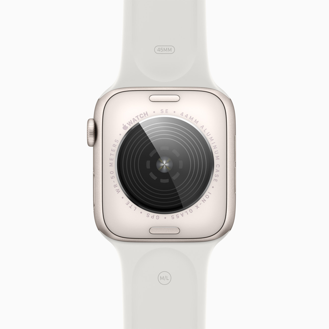 Apple Watch SE第2世代の裏面。本体の44MM刻印と、バンドの45MM・M/L表示
