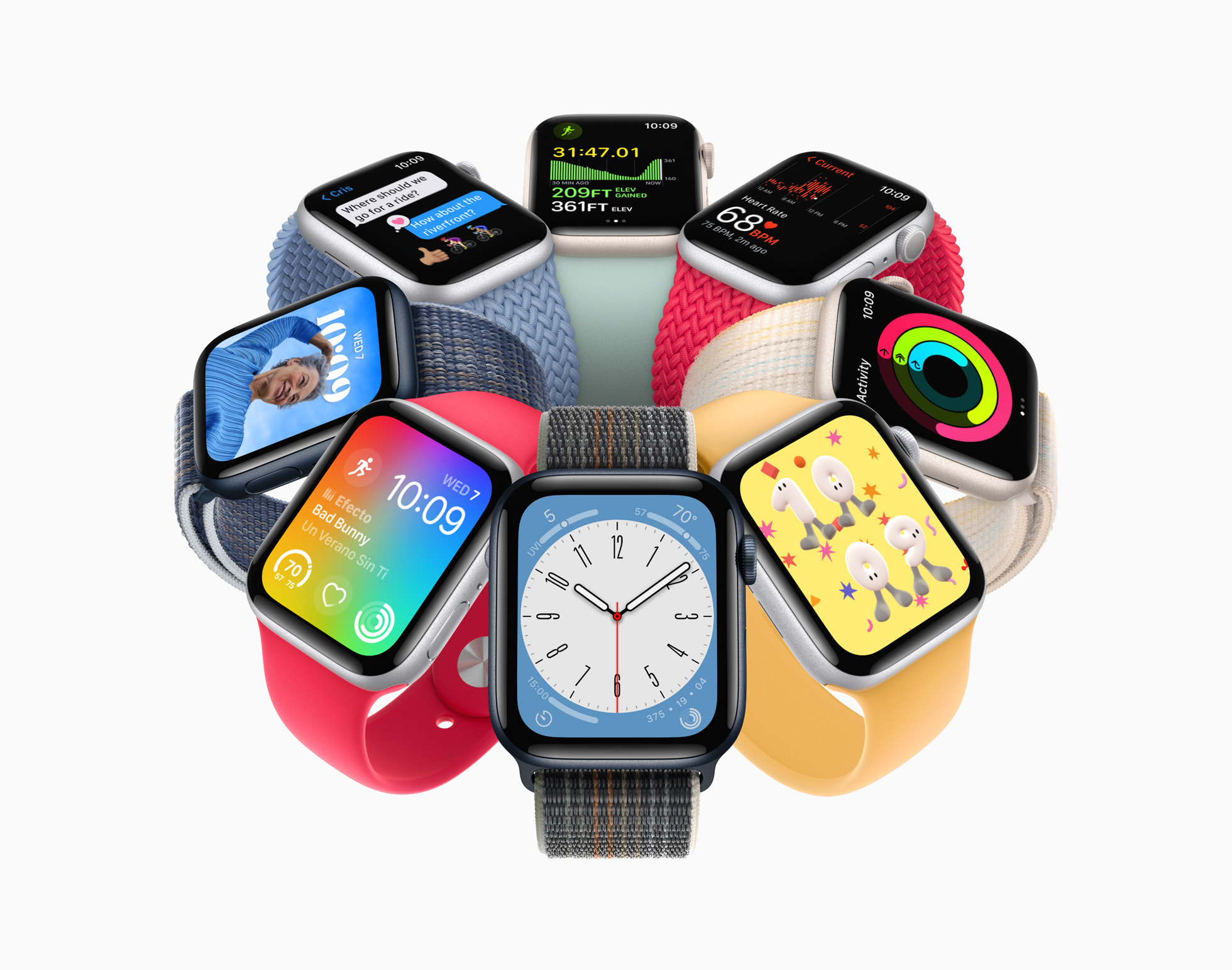 2022年の公式画面例。watchOS 9の文字盤や機能を並べたApple Watch SE