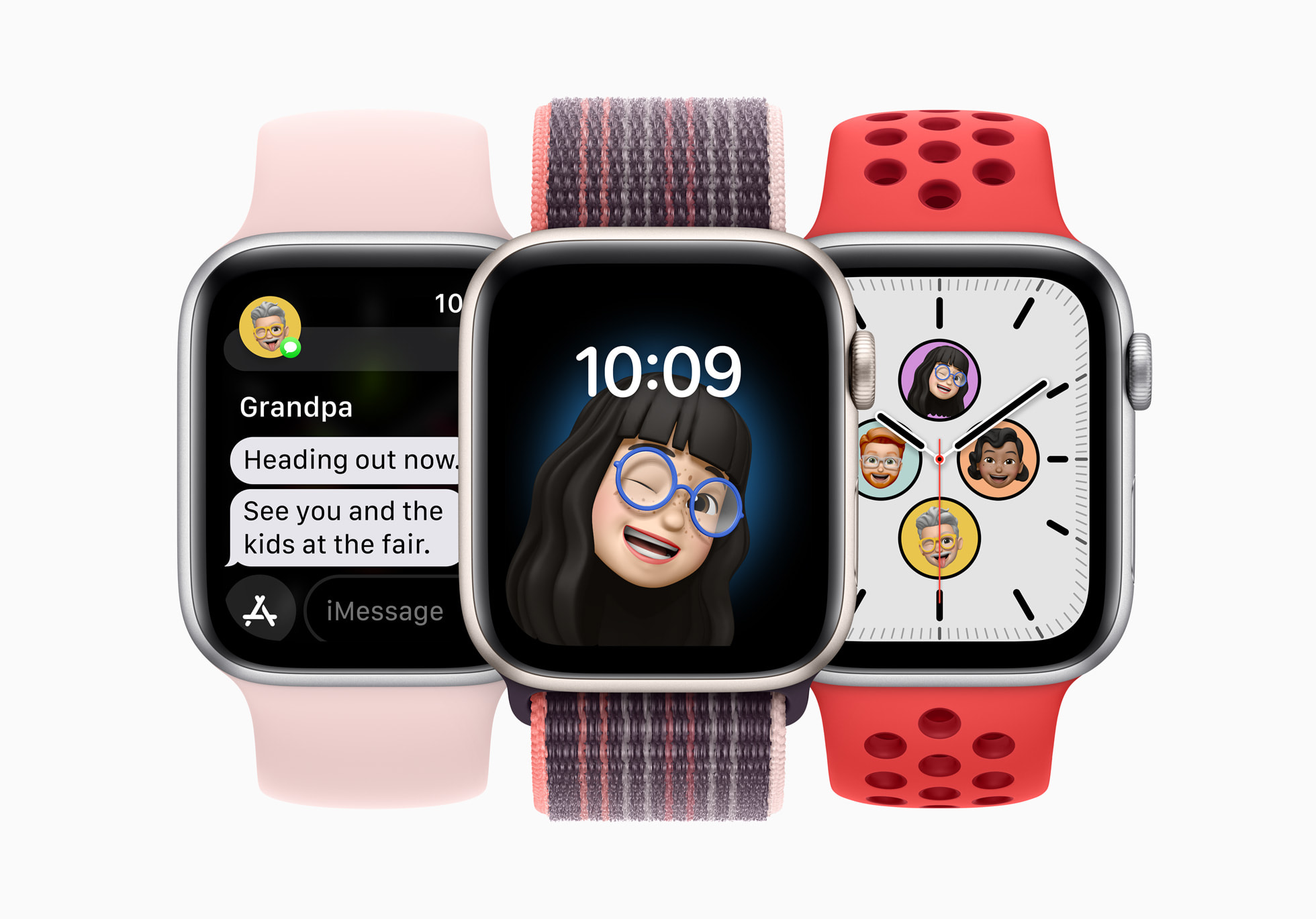 2022年発表時のファミリー共有設定イメージ。異なるバンドを付けた3台のApple Watch SE